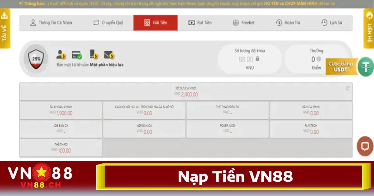 VN88 - Link Vào VN88.Com Mới Nhất 2026 - Đăng Ký +188k 35 Để nạp tiền vào tài khoản và bắt đầu tham gia các sản phẩm trò chơi hấp dẫn tại nhà cái, anh em chỉ cần làm theo các bước đơn giản